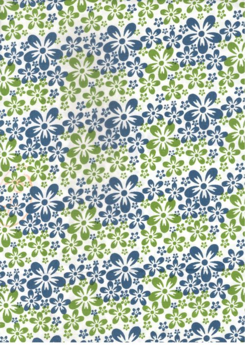 COTTON POPLIN WHITE BASE GREEN NAVY FLOWER PRINT (FC101)